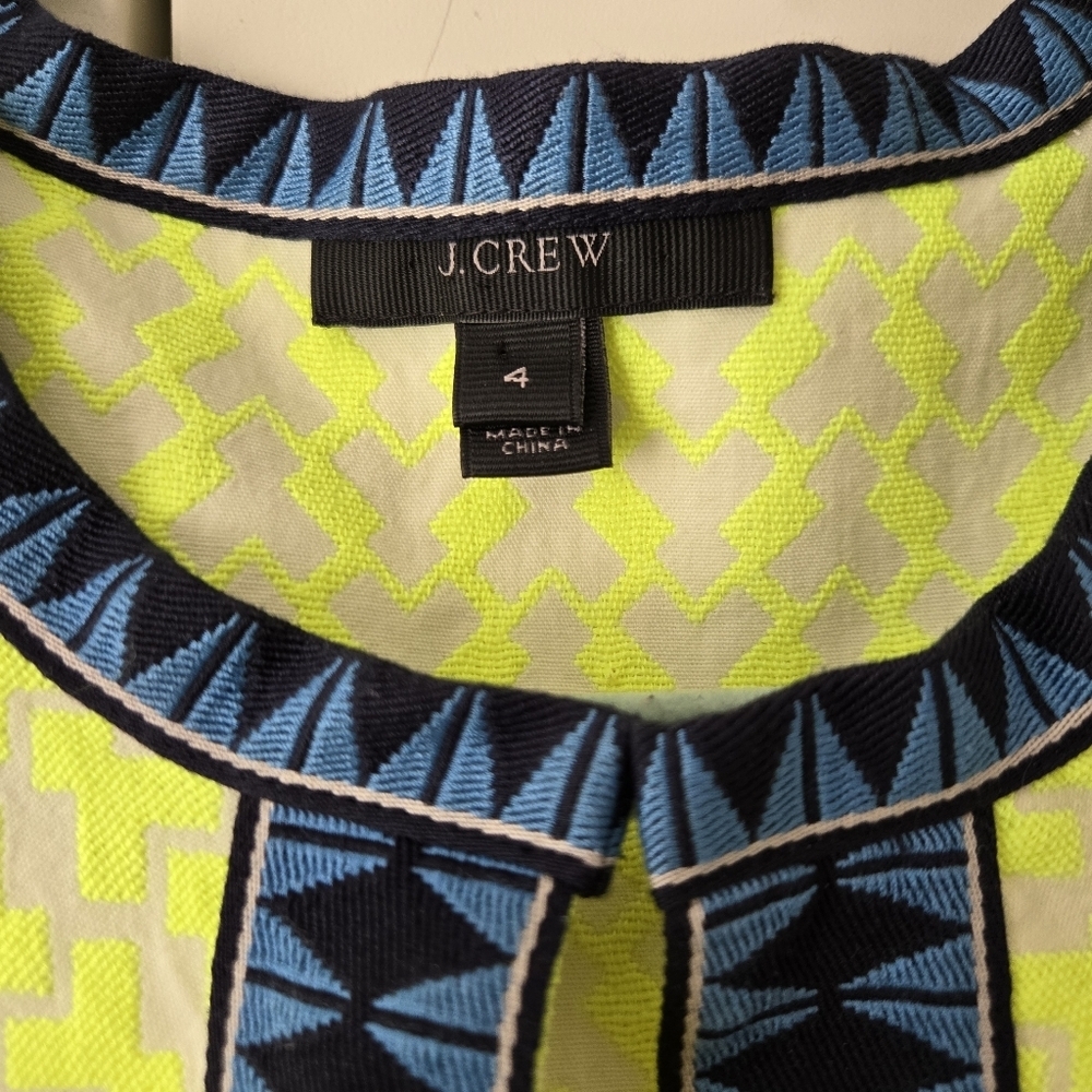J. Crew Neon Yellow Arrow Print Keyhole Cutout Blue Trim Shift Dress Womens 4 - Picture 3 of 7